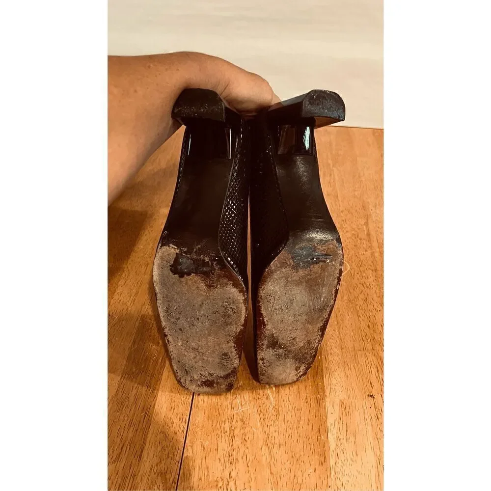 Stuart Weitzman Black Leather Snakeskin Embossed Leather Square Toes Block Heels